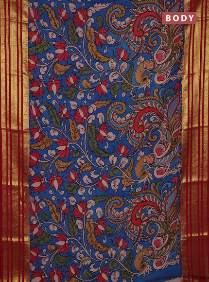 Pure kanchipuram pen kalamkari saree cs blue and maroon with allover penkalamkari prints and zari woven border