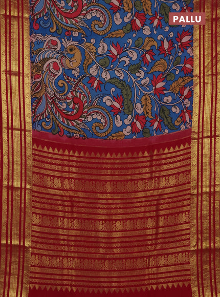 Pure kanchipuram pen kalamkari saree cs blue and maroon with allover penkalamkari prints and zari woven border