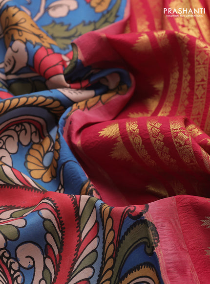 Pure kanchipuram pen kalamkari saree cs blue and maroon with allover penkalamkari prints and zari woven border