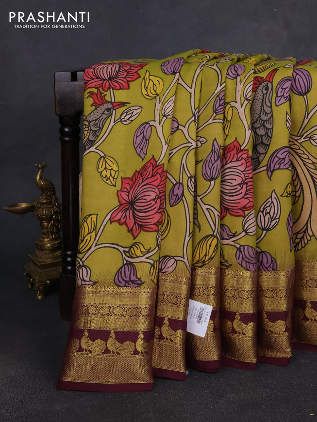 Pure kanchipuram pen kalamkari saree mehendi green and deep wine with allover penkalamkari prints and zari woven border