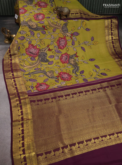 Pure kanchipuram pen kalamkari saree mehendi green and deep wine with allover penkalamkari prints and zari woven border