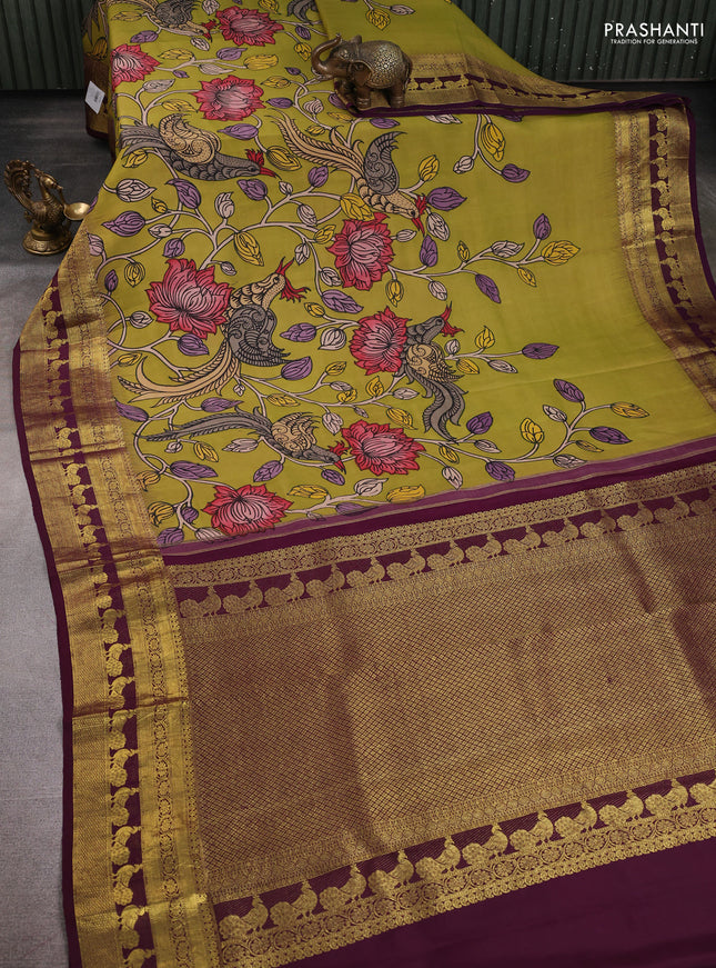 Pure kanchipuram pen kalamkari saree mehendi green and deep wine with allover penkalamkari prints and zari woven border