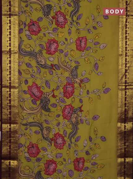 Pure kanchipuram pen kalamkari saree mehendi green and deep wine with allover penkalamkari prints and zari woven border