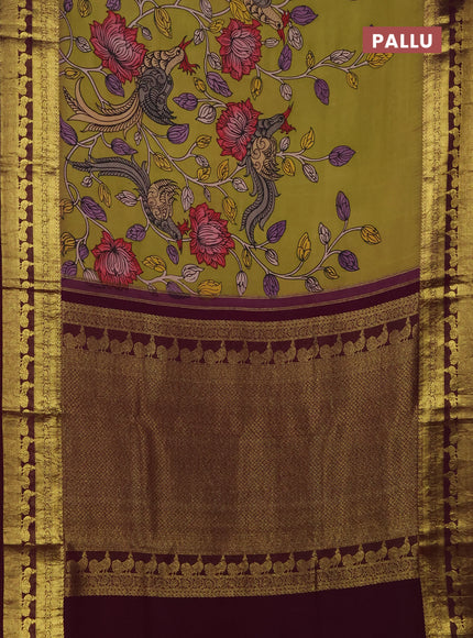 Pure kanchipuram pen kalamkari saree mehendi green and deep wine with allover penkalamkari prints and zari woven border