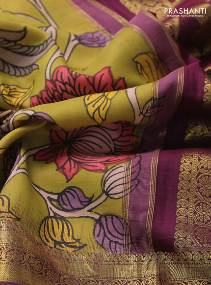 Pure kanchipuram pen kalamkari saree mehendi green and deep wine with allover penkalamkari prints and zari woven border