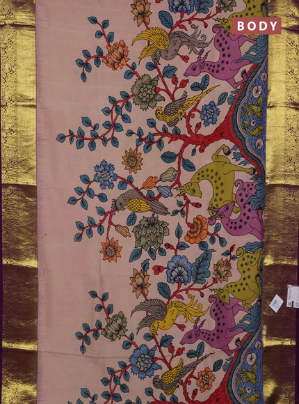 Pure kanchipuram pen kalamkari saree mild peach and purple with allover penkalamkari prints and zari woven border