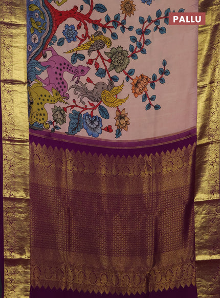 Pure kanchipuram pen kalamkari saree mild peach and purple with allover penkalamkari prints and zari woven border