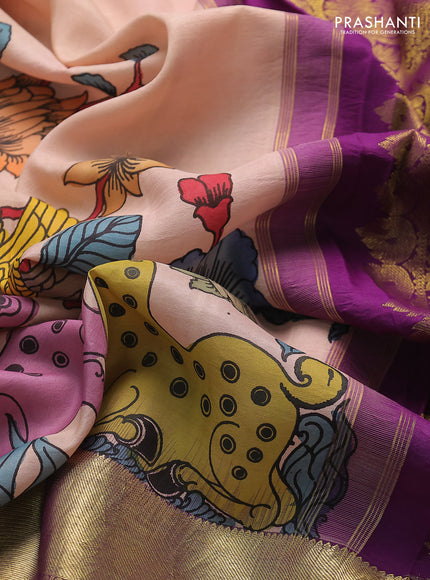 Pure kanchipuram pen kalamkari saree mild peach and purple with allover penkalamkari prints and zari woven border