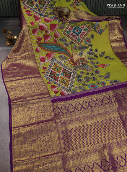 Pure kanchipuram pen kalamkari saree light green and violet with allover penkalamkari prints and zari woven border