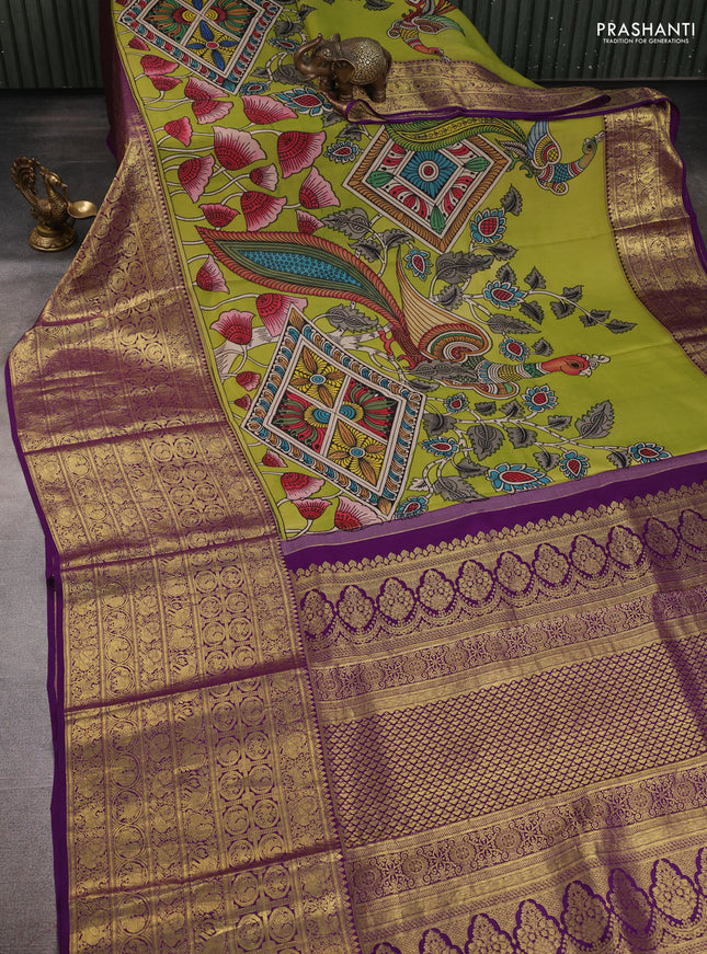 Pure kanchipuram pen kalamkari saree light green and violet with allover penkalamkari prints and zari woven border