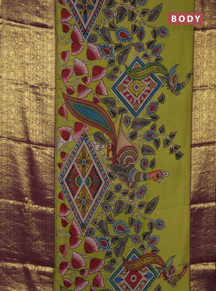 Pure kanchipuram pen kalamkari saree light green and violet with allover penkalamkari prints and zari woven border