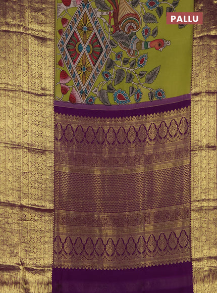 Pure kanchipuram pen kalamkari saree light green and violet with allover penkalamkari prints and zari woven border