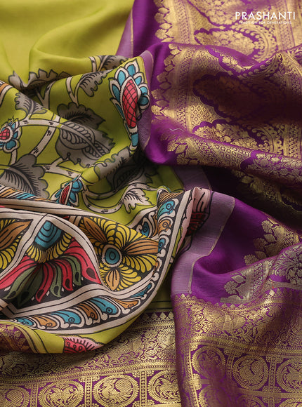 Pure kanchipuram pen kalamkari saree light green and violet with allover penkalamkari prints and zari woven border