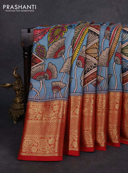 Pure kanchipuram pen kalamkari saree pastel blue and red with allover penkalamkari prints and zari woven border