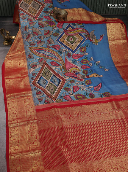 Pure kanchipuram pen kalamkari saree pastel blue and red with allover penkalamkari prints and zari woven border