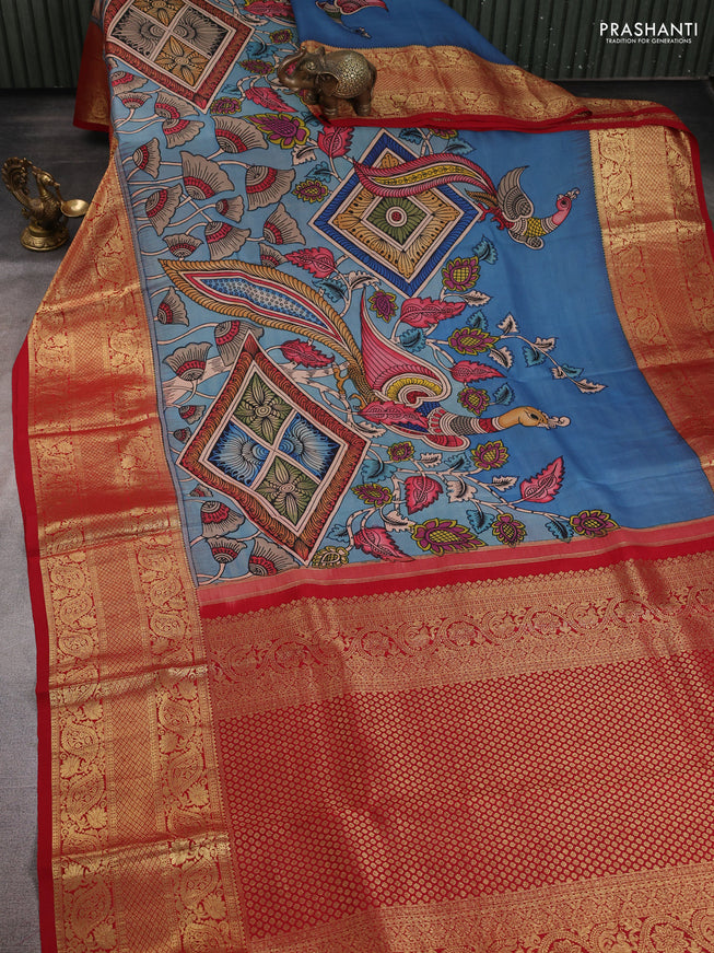 Pure kanchipuram pen kalamkari saree pastel blue and red with allover penkalamkari prints and zari woven border