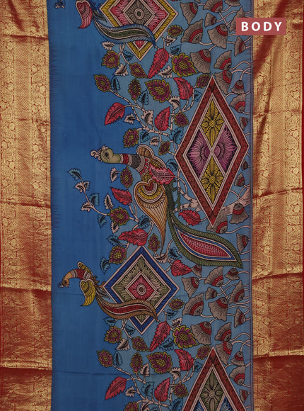 Pure kanchipuram pen kalamkari saree pastel blue and red with allover penkalamkari prints and zari woven border