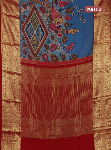 Pure kanchipuram pen kalamkari saree pastel blue and red with allover penkalamkari prints and zari woven border