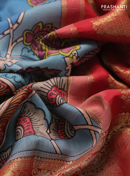 Pure kanchipuram pen kalamkari saree pastel blue and red with allover penkalamkari prints and zari woven border