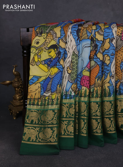 Pure kanchipuram pen kalamkari saree rust and dark green with allover penkalamkari prints and zari woven border
