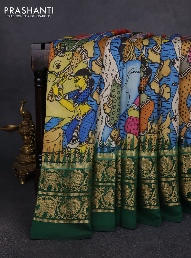 Pure kanchipuram pen kalamkari saree rust and dark green with allover penkalamkari prints and zari woven border