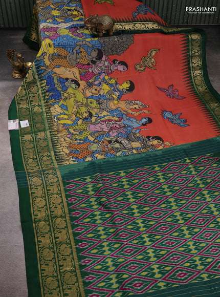 Pure kanchipuram pen kalamkari saree rust and dark green with allover penkalamkari prints and zari woven border