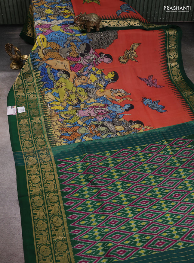 Pure kanchipuram pen kalamkari saree rust and dark green with allover penkalamkari prints and zari woven border