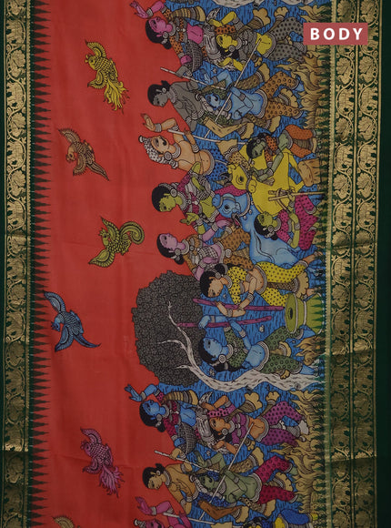 Pure kanchipuram pen kalamkari saree rust and dark green with allover penkalamkari prints and zari woven border