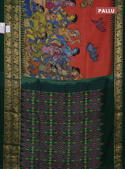 Pure kanchipuram pen kalamkari saree rust and dark green with allover penkalamkari prints and zari woven border