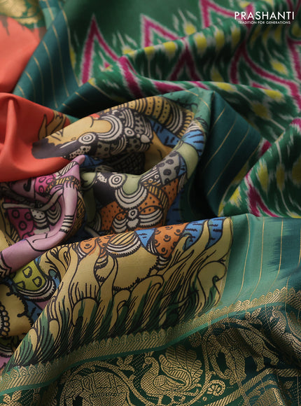 Pure kanchipuram pen kalamkari saree rust and dark green with allover penkalamkari prints and zari woven border