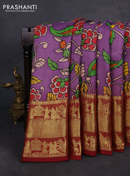 Pure kanchipuram pen kalamkari saree purple and maroon with allover penkalamkari prints and zari woven border