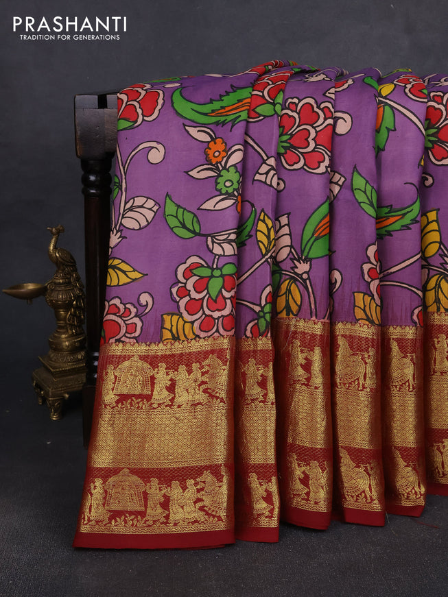 Pure kanchipuram pen kalamkari saree purple and maroon with allover penkalamkari prints and zari woven border