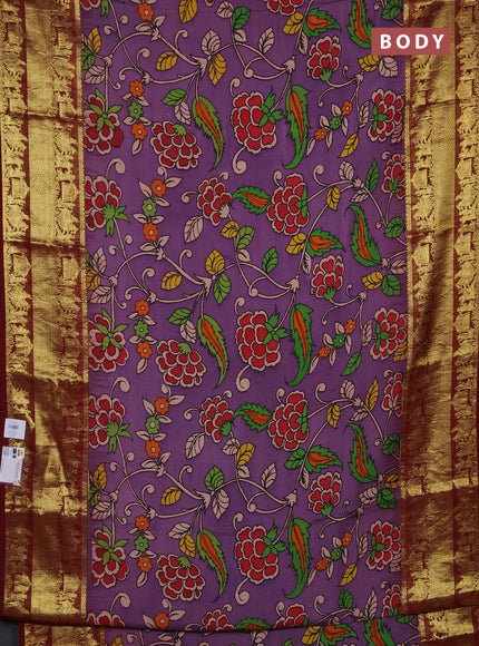 Pure kanchipuram pen kalamkari saree purple and maroon with allover penkalamkari prints and zari woven border