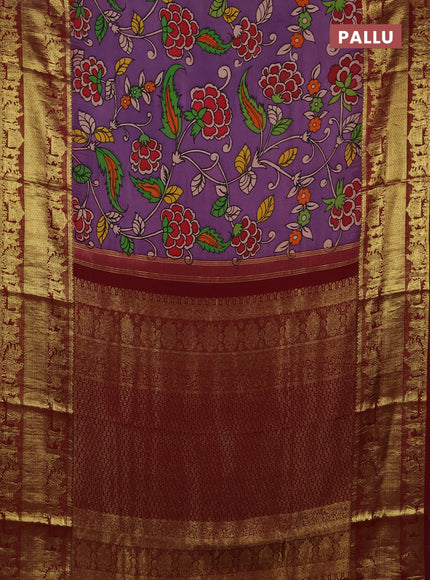 Pure kanchipuram pen kalamkari saree purple and maroon with allover penkalamkari prints and zari woven border