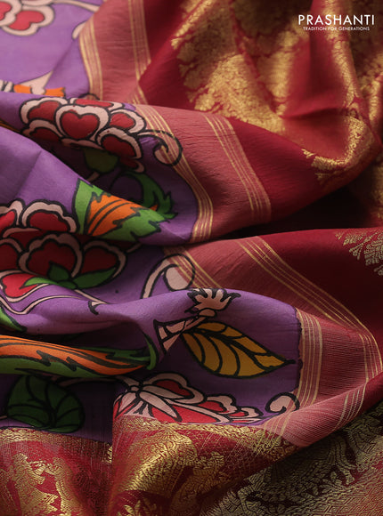 Pure kanchipuram pen kalamkari saree purple and maroon with allover penkalamkari prints and zari woven border
