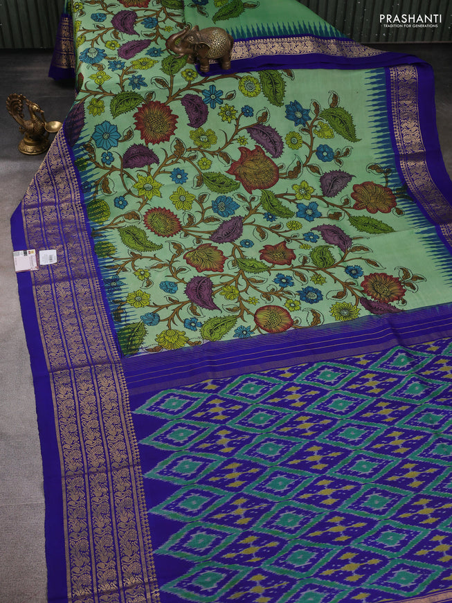 Pure kanchipuram pen kalamkari saree teal green and blue with allover penkalamkari prints and zari woven border