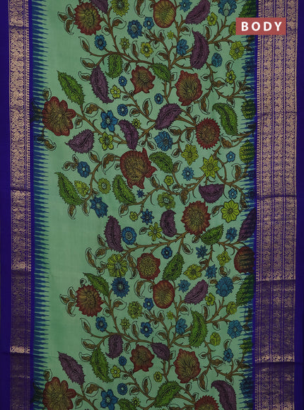 Pure kanchipuram pen kalamkari saree teal green and blue with allover penkalamkari prints and zari woven border