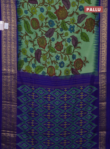 Pure kanchipuram pen kalamkari saree teal green and blue with allover penkalamkari prints and zari woven border