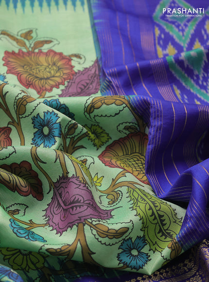 Pure kanchipuram pen kalamkari saree teal green and blue with allover penkalamkari prints and zari woven border