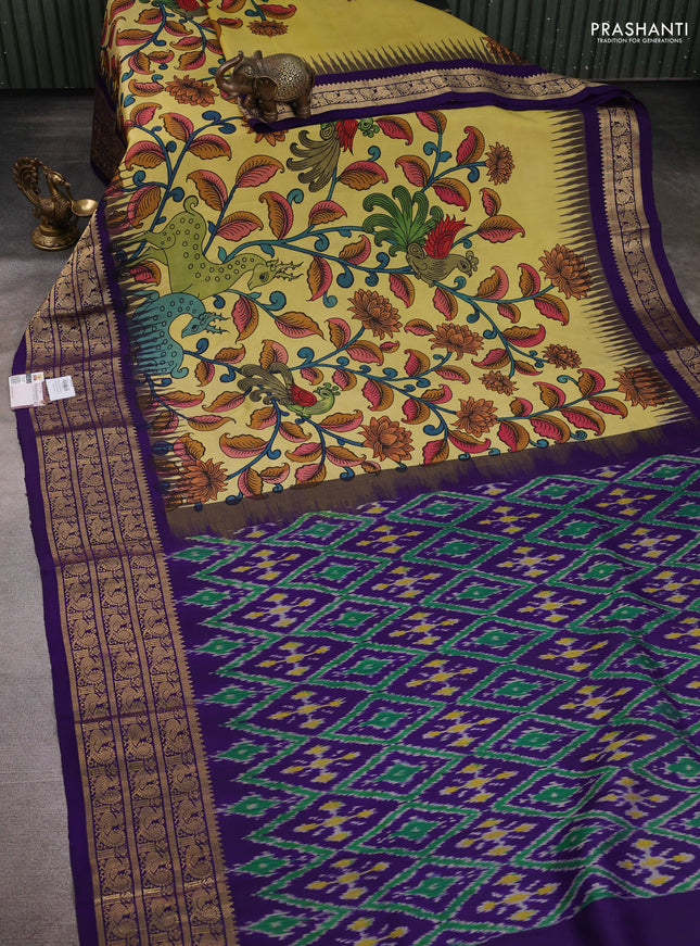 Pure kanchipuram pen kalamkari saree lime yellow and blue with allover penkalamkari prints and zari woven border