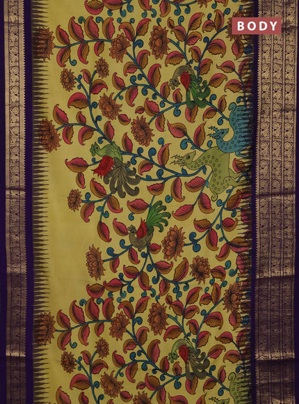 Pure kanchipuram pen kalamkari saree lime yellow and blue with allover penkalamkari prints and zari woven border