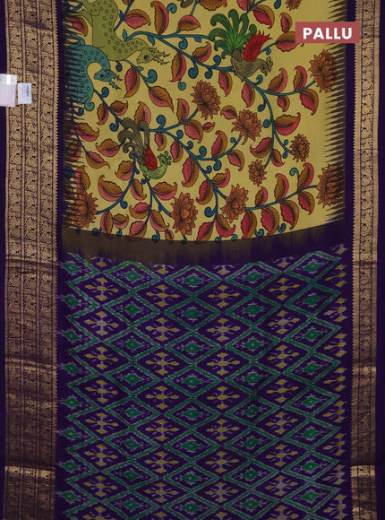 Pure kanchipuram pen kalamkari saree lime yellow and blue with allover penkalamkari prints and zari woven border