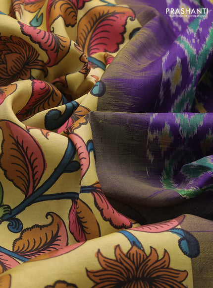 Pure kanchipuram pen kalamkari saree lime yellow and blue with allover penkalamkari prints and zari woven border