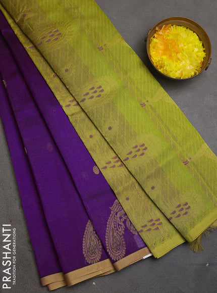 Silk cotton saree purple and light green with zari woven buttas and peacock design zari woven border