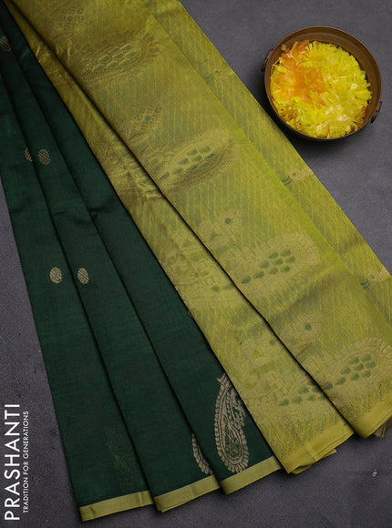 Silk cotton saree green and light green with zari woven buttas and peacock design zari woven border