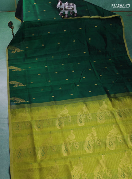 Silk cotton saree green and light green with zari woven buttas and peacock design zari woven border