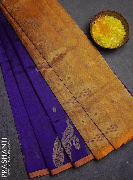 Silk cotton saree blue and mustard yellow with zari woven buttas and peacock design zari woven border