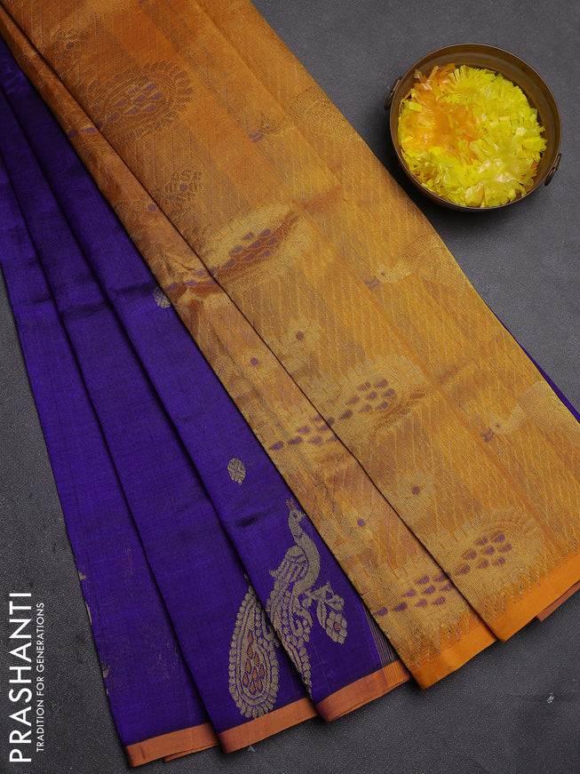 Silk cotton saree blue and mustard yellow with zari woven buttas and peacock design zari woven border