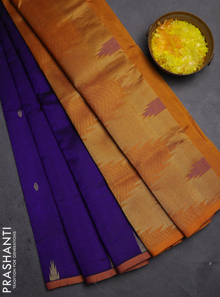 Silk cotton saree blue and mustard yellow with zari woven buttas and temple design zari woven border