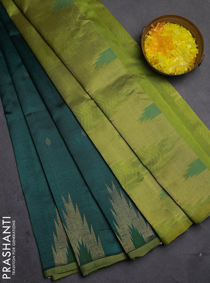 Silk cotton saree green and light green with zari woven buttas and temple design zari woven border